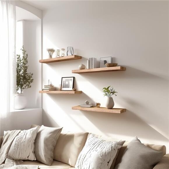 Wood Floating Shelves for Wall, Wooden Wall Shelves for Bedroom, Set of 6 - Picture 4 of 8